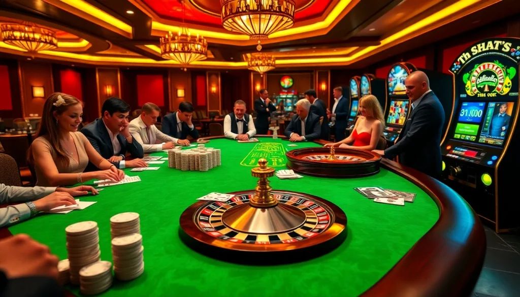SHBET players engaging at a luxurious casino table with vibrant poker chips and cards.