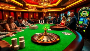 SHBET players engaging at a luxurious casino table with vibrant poker chips and cards.