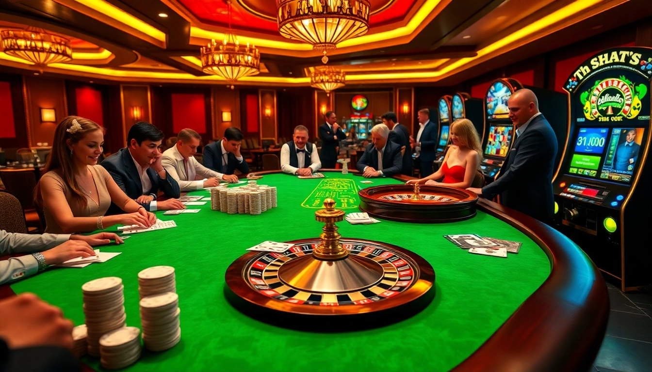 SHBET players engaging at a luxurious casino table with vibrant poker chips and cards.