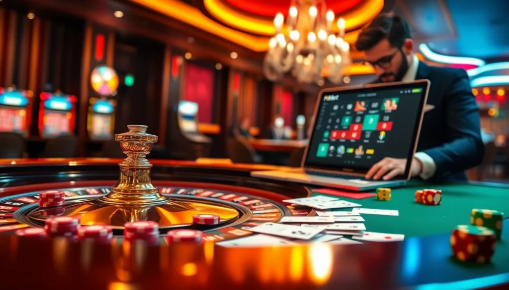 Experience the excitement of F8bet with a glamorous casino scene featuring roulette tables and online gaming elements.