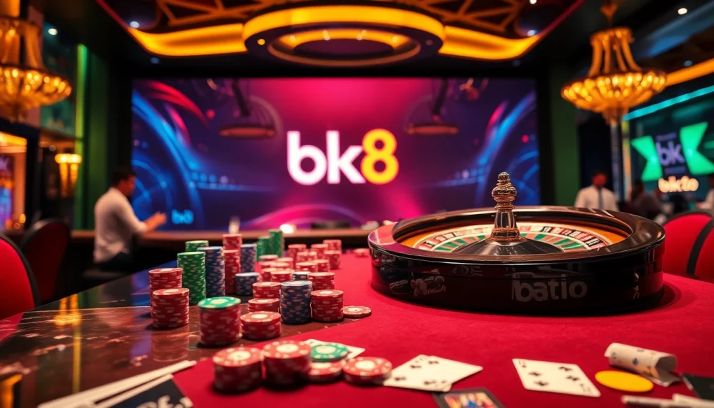 Engaged players enjoying a thrilling casino atmosphere at bk8, featuring vibrant poker chips and sparkling roulette wheel.