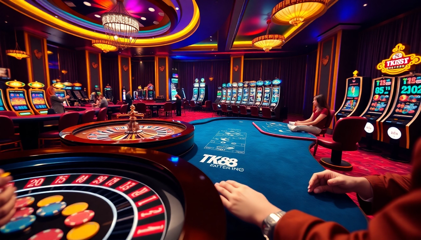 Experience the thrill of gaming at TK88 casino with vibrant tables, colorful chips, and energetic players.
