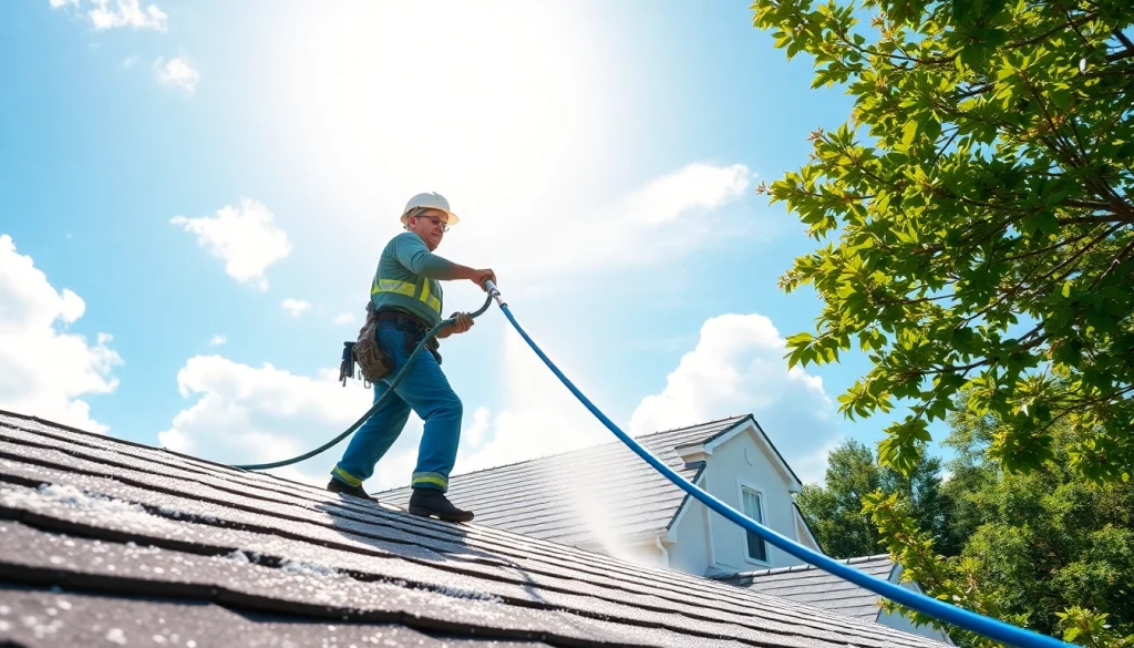 Roof cleaning by a professional in Kissimmee, ensuring safety and a sparkling finish.