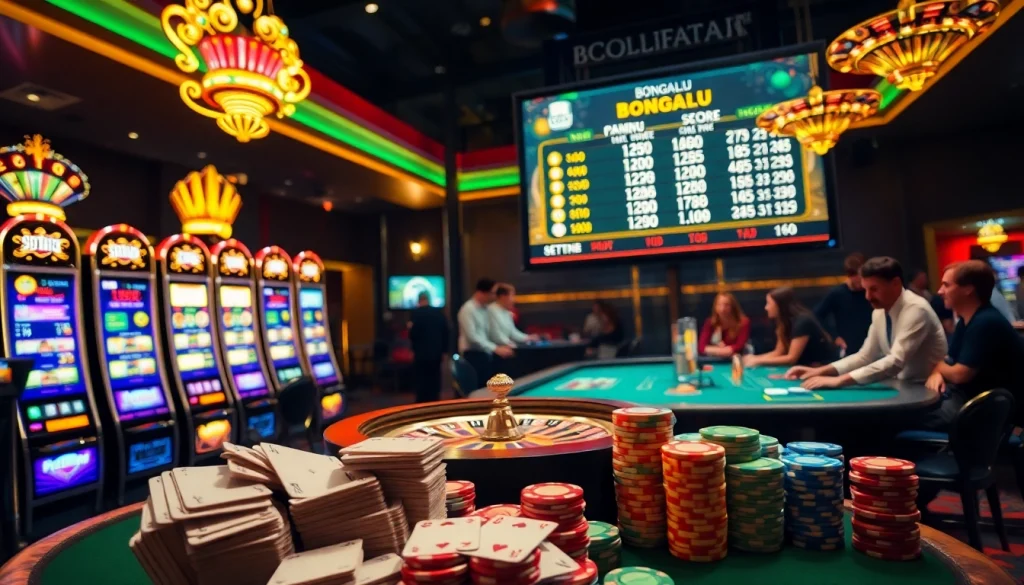Bongdalu live score updates amidst vibrant casino games, including roulette and poker.