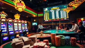 Bongdalu live score updates amidst vibrant casino games, including roulette and poker.