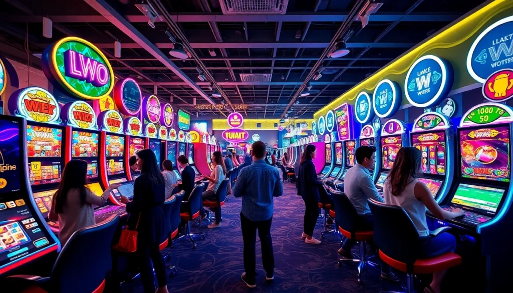 Exciting online gaming environment featuring players and slot machines showcasing hoki138 pro brand.