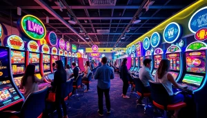 Exciting online gaming environment featuring players and slot machines showcasing hoki138 pro brand.