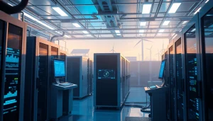 Futuristic cryptocurrency mining facility highlighting dogecoin cloud mining earnings with AI automation.