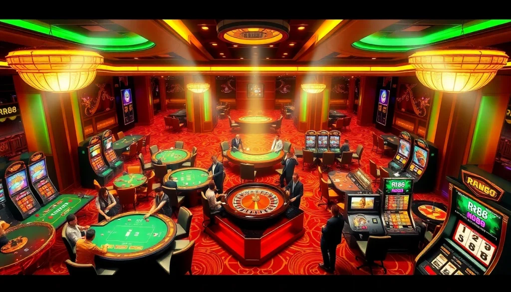 Experience the excitement at RR88 casino with vibrant gaming tables and players celebrating their wins.