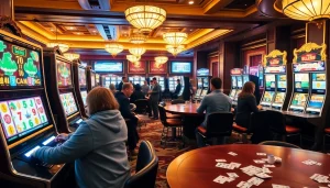 Experience a thrilling Mahjong slot demo session surrounded by vibrant casino elements and enthusiastic players.