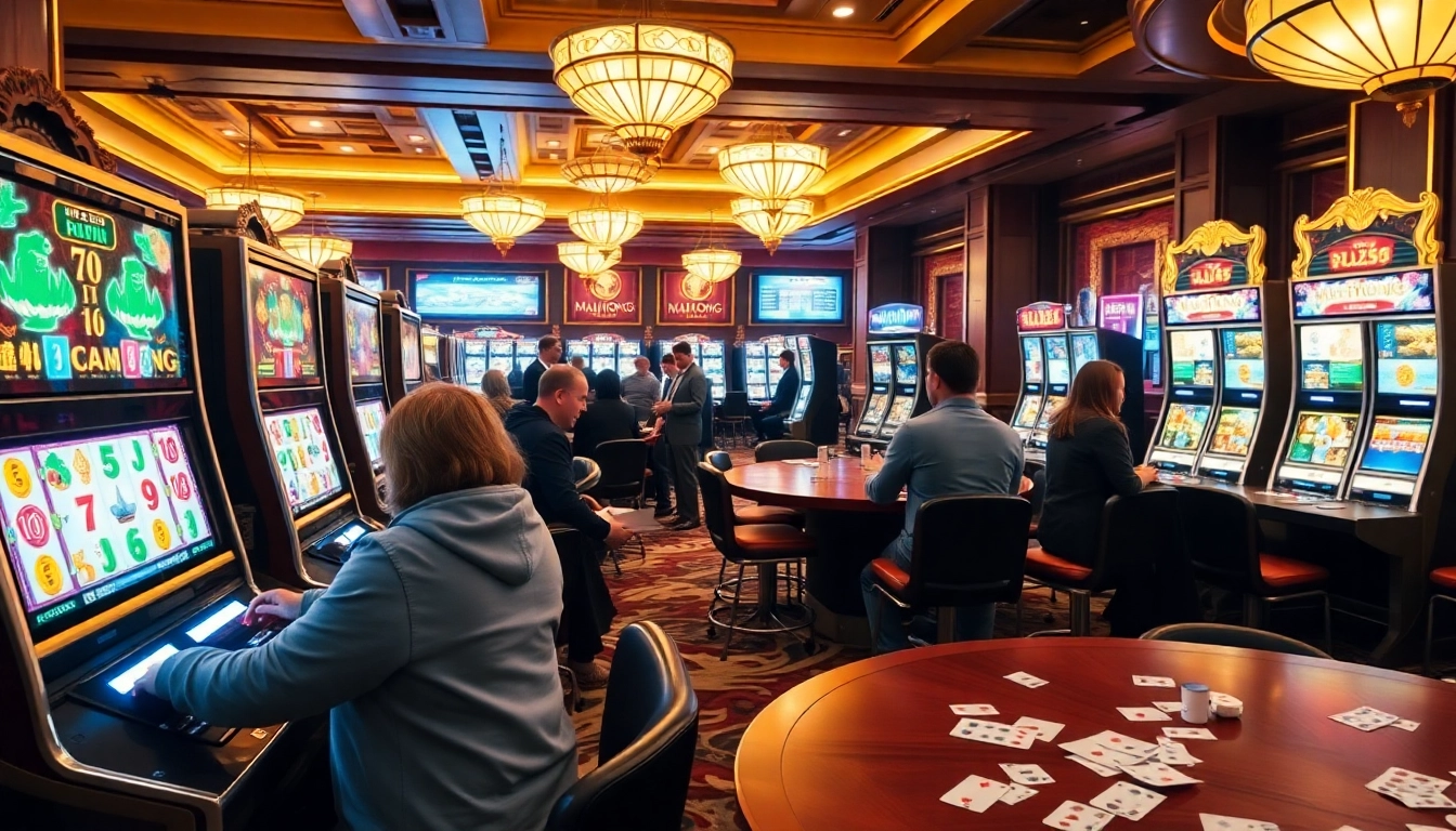 Experience a thrilling Mahjong slot demo session surrounded by vibrant casino elements and enthusiastic players.