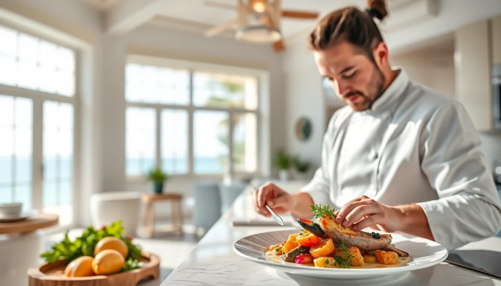Private chef in Sint Maarten expertly plates a gourmet seafood dish in a bright villa kitchen.