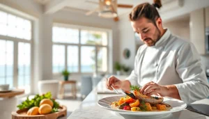 Private chef in Sint Maarten expertly plates a gourmet seafood dish in a bright villa kitchen.