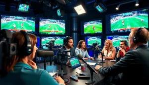 Captivating sports broadcasting setup showcasing hosts engaging with live coverage of sports events.