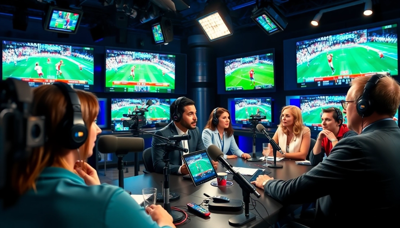 Captivating sports broadcasting setup showcasing hosts engaging with live coverage of sports events.