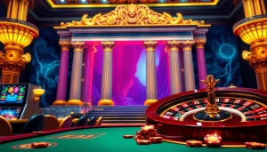 Putar Olympus slot yang memikat di tengah latar kasino mewah yang dipenuhi elemen permainan berwarna-warni.