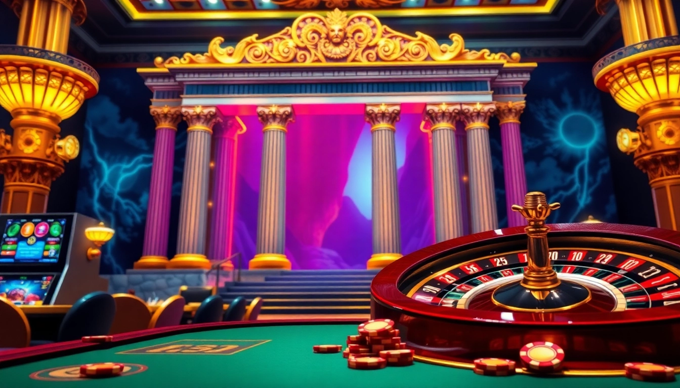 Putar Olympus slot yang memikat di tengah latar kasino mewah yang dipenuhi elemen permainan berwarna-warni.