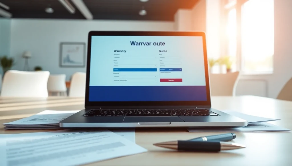 Examine an online warranty quote displayed on a laptop surrounded by paperwork in an office setting.