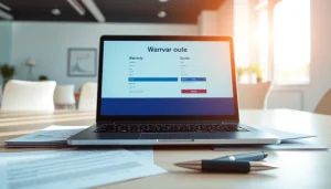 Examine an online warranty quote displayed on a laptop surrounded by paperwork in an office setting.