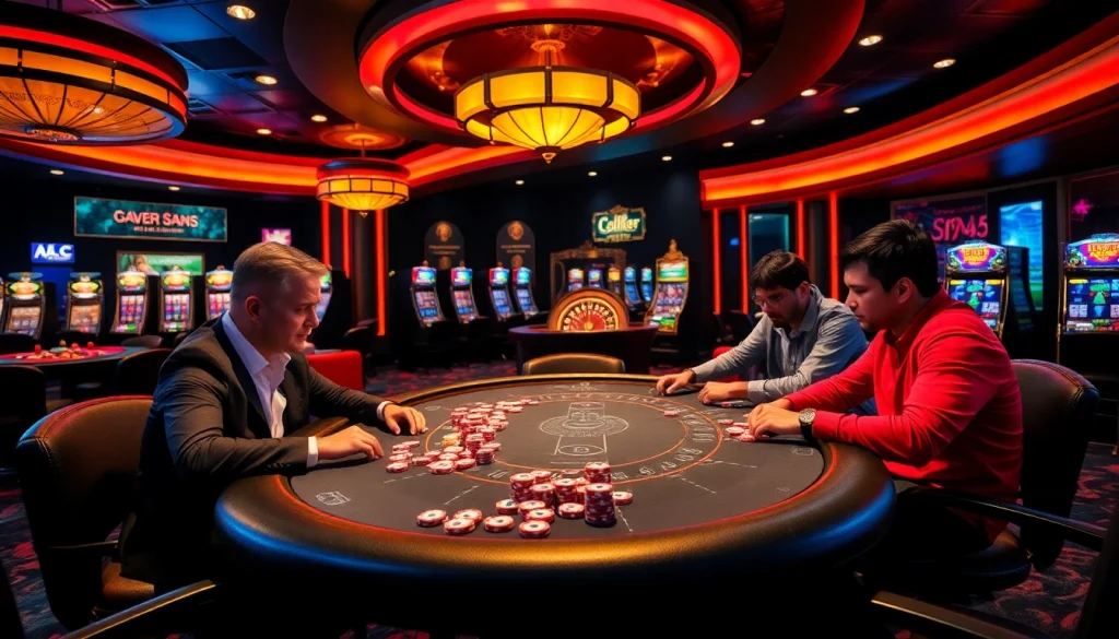 KJC casino scene with players at a poker table, vibrant atmosphere and high-stakes excitement.