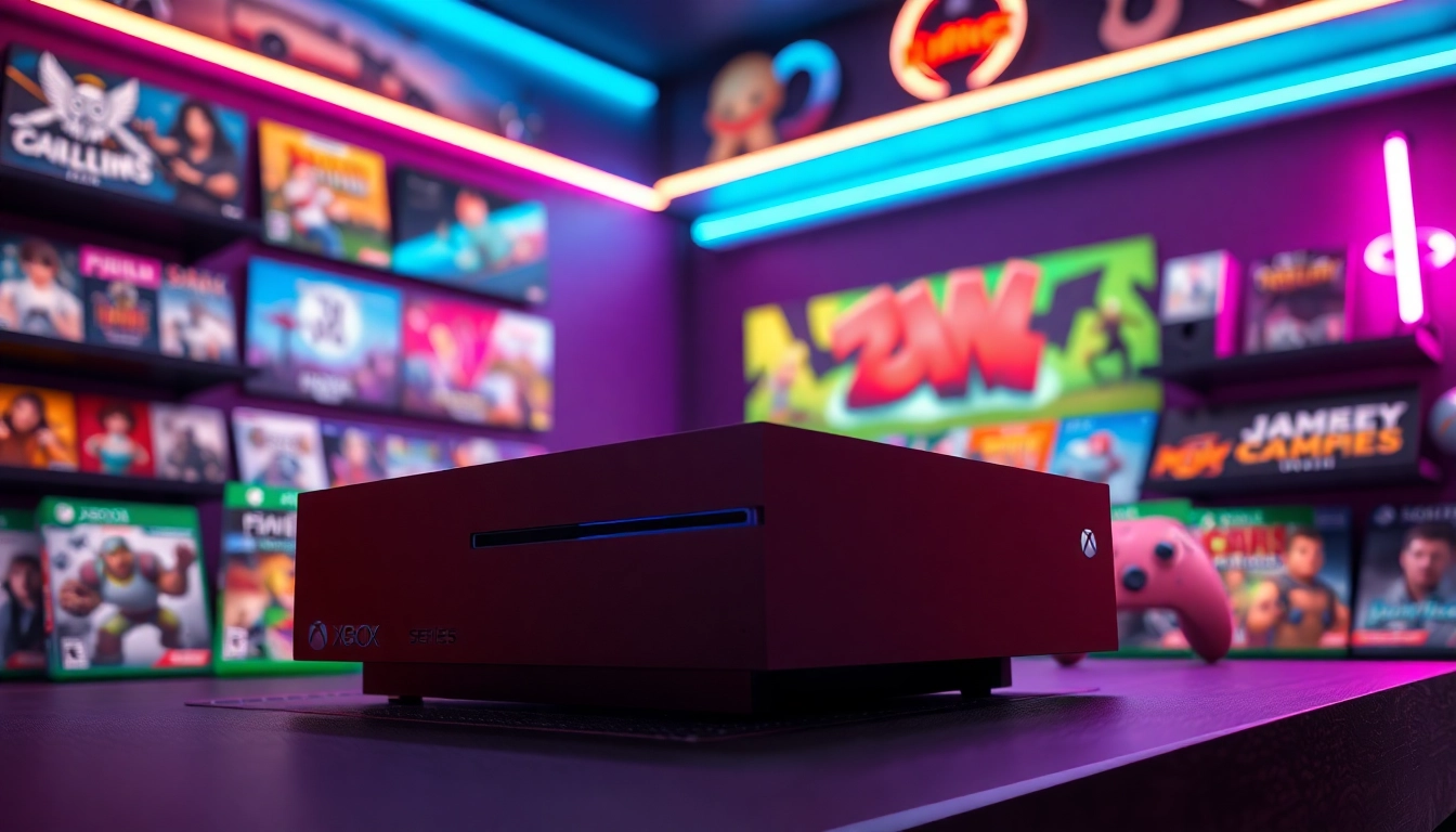 Highlighting Xbox Series X game reviews with a sleek gaming console and vibrant game cases.