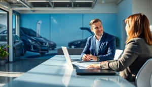 Engaging vehicle service contract provider expert advising a client in a modern office setting.