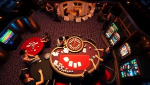 Experience the thrill at BK8 เว็บตรง with a vibrant casino scene showcasing poker and slots.