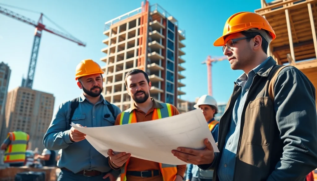 Manhattan general contractor overseeing construction with blueprints in hand at a busy site.