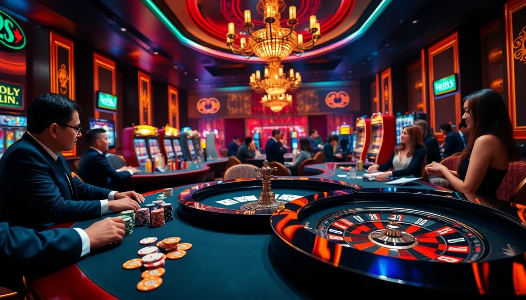 Players enjoying thrilling games at nhà cái 789club casino with poker chips and cards.