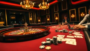 RR88 casino scene with luxurious roulette wheel and poker table, showcasing excitement and glamour.