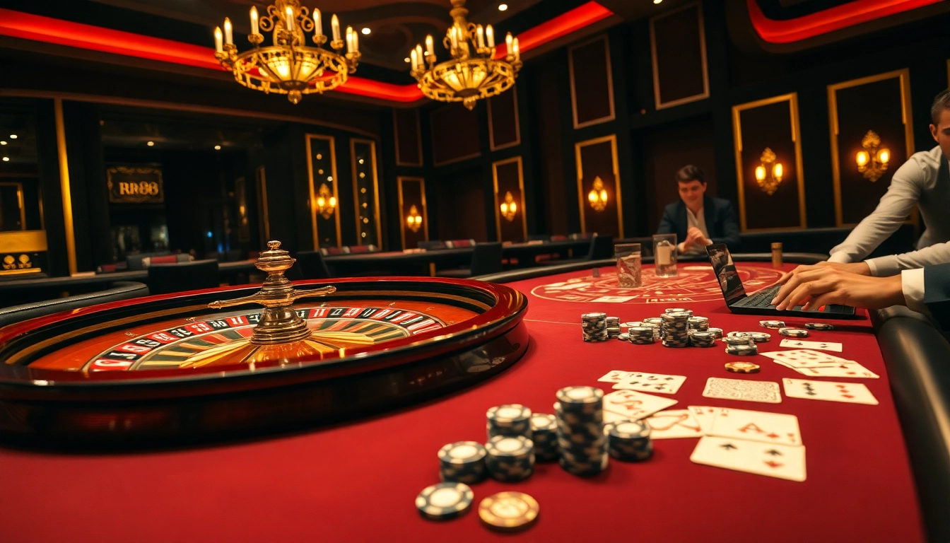 RR88 casino scene with luxurious roulette wheel and poker table, showcasing excitement and glamour.