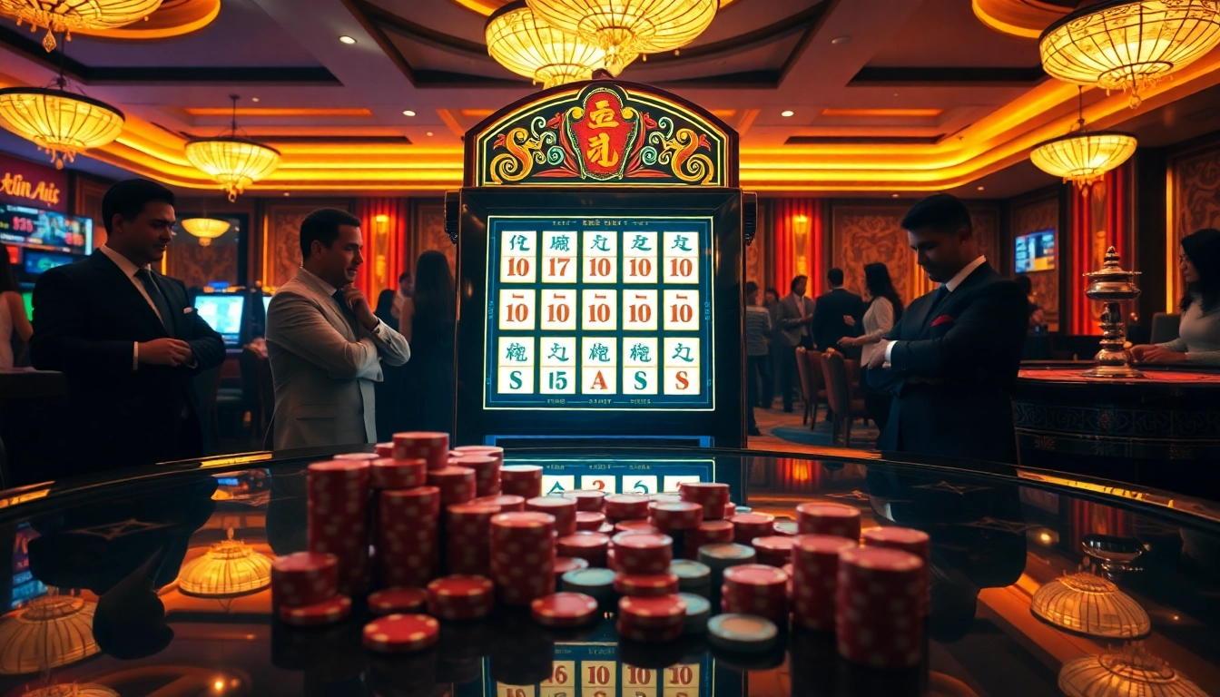 Rasakan sensasi demo slot Mahjong dengan visual kasino yang hidup, menampilkan pemain dan permainan.