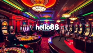 hello88 casino excitement with poker tables and vibrant gaming atmosphere