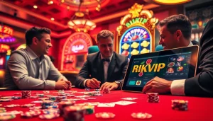 Players at a RIKVIP gaming table strategizing their next move amidst vibrant casino atmosphere.