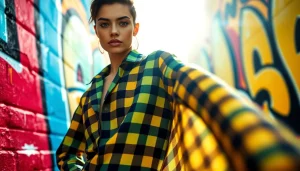 Brabantse bont ruitjes stof gepresenteerd door een model in een urban setting met felle kleuren.