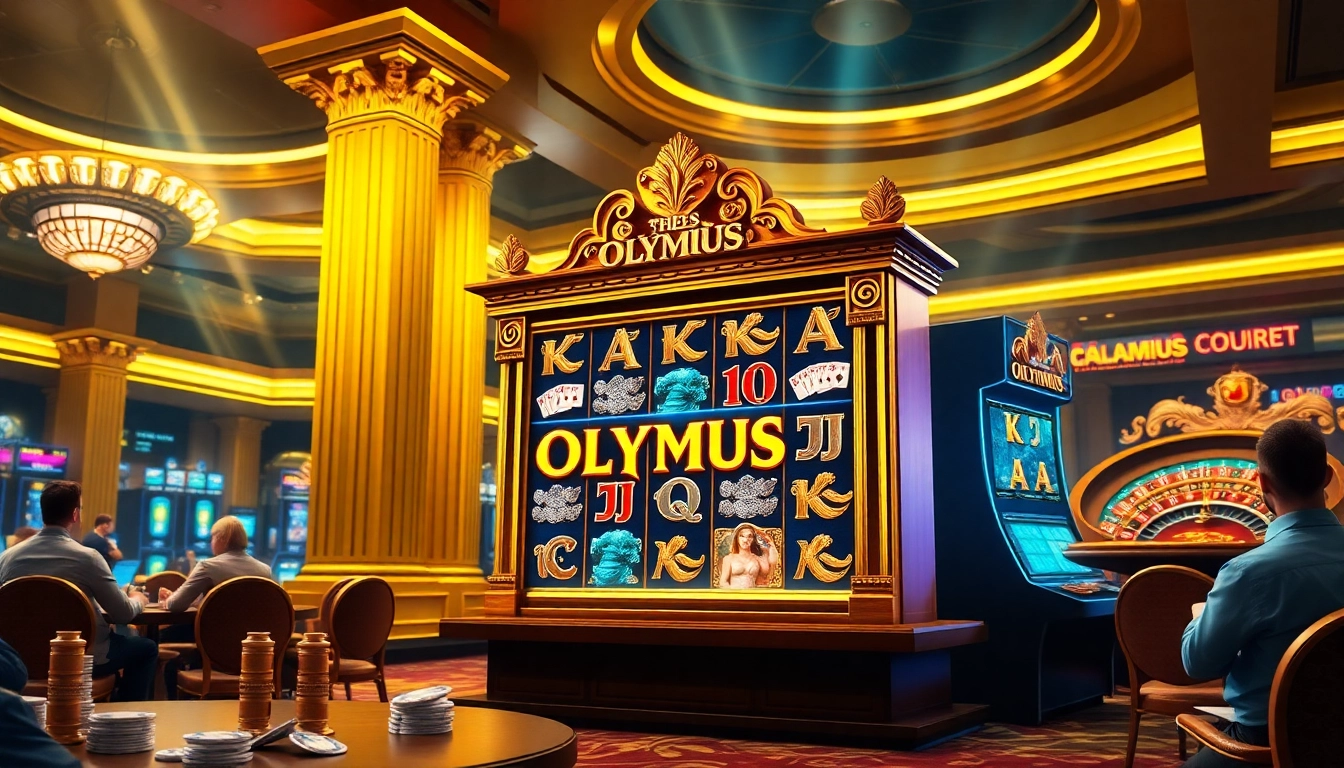 Win big at the olympus slot machine, surrounded by casino excitement and ancient Greek themes.