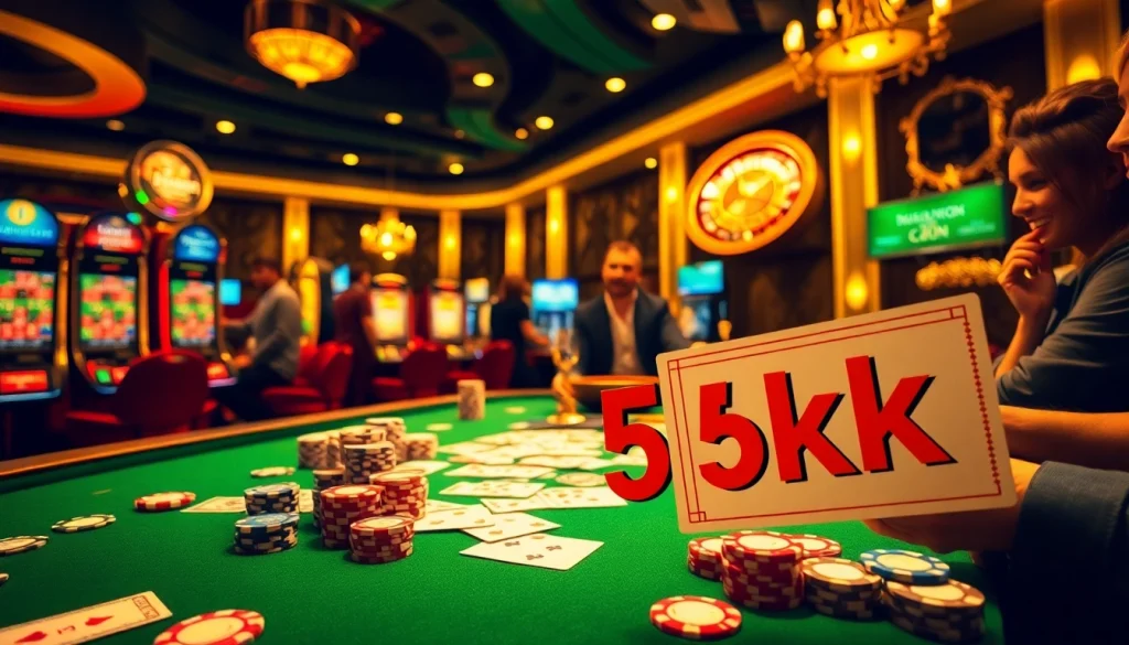 Rasakan sensasi bermain Depo 5k di latar kasino mewah yang menampilkan poker dan roulette.