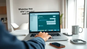 在明亮的办公室里，使用现代笔记本电脑体验 WhatsApp Web 的无缝消息传递。