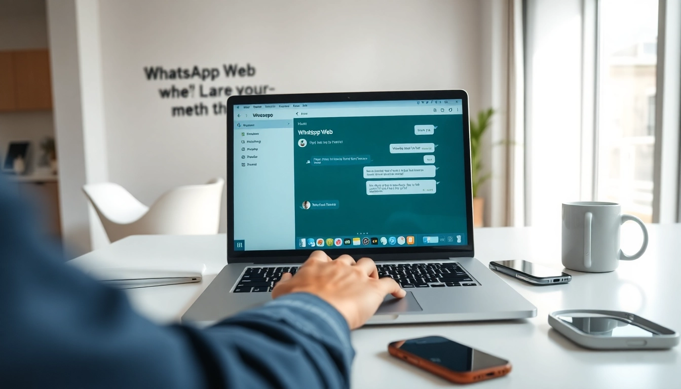 在明亮的办公室里，使用现代笔记本电脑体验 WhatsApp Web 的无缝消息传递。