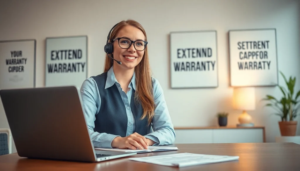 Engaging professional offers extended warranty solutions in a modern office environment.