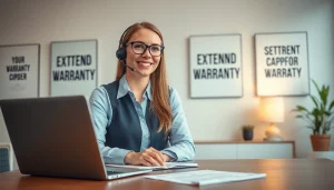 Engaging professional offers extended warranty solutions in a modern office environment.