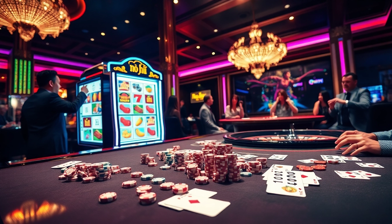 Players enjoying the thrilling nổ hũ slot machine experience in a vibrant casino atmosphere.