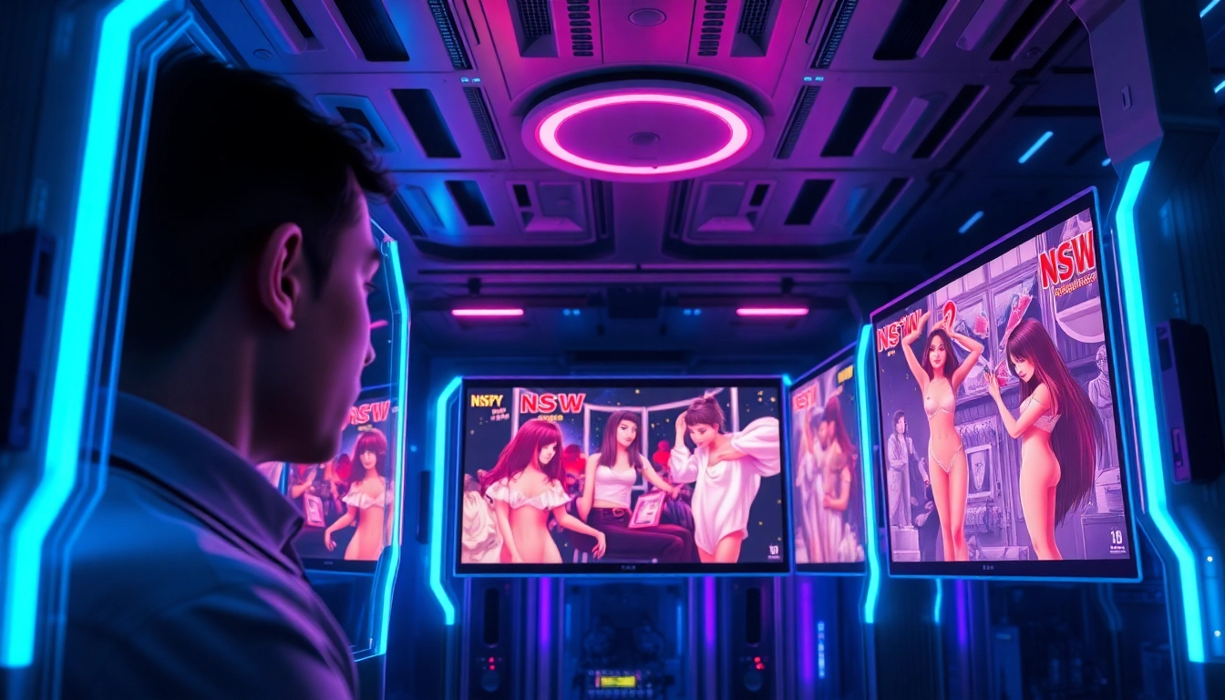 Innovative NSFW AI interface showcasing vivid illustrations in a futuristic setting.