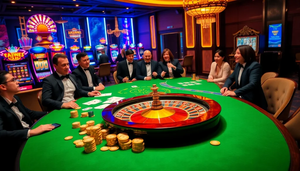 Exciting gaming action at https://taigo88.team/ showcasing players and luxury casino elements.