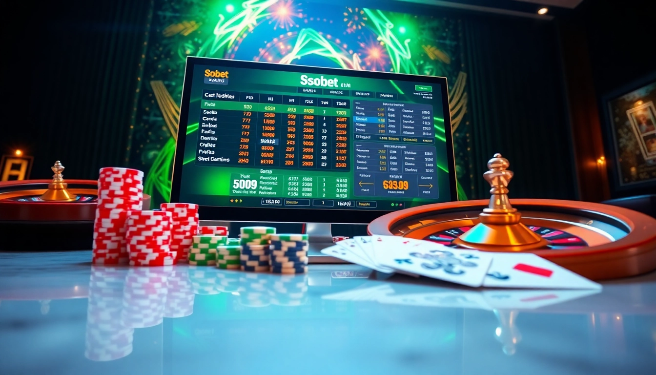 Engaging scene displaying link alternatif sbobet in a vibrant online casino interface with poker chips and cards.
