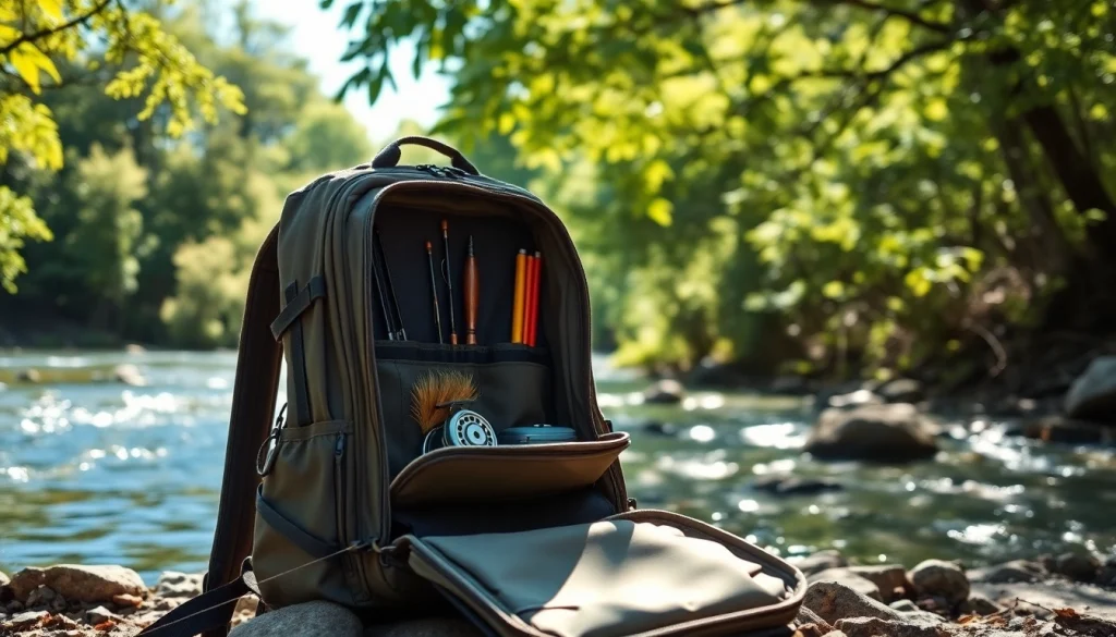 Organized fly fishing backpack showcasing fishing gear at a serene riverbank.