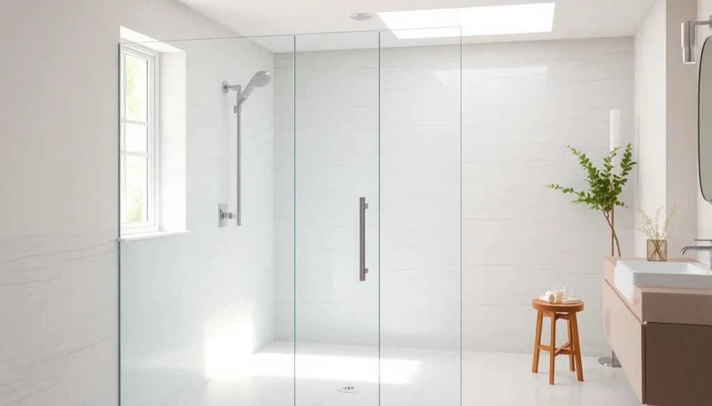 Showcasing glass shower doors reflecting modern design in a bright bathroom setting.