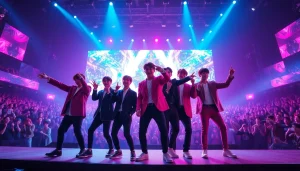 BTS news showcases the group performing live, surrounded by a vibrant crowd and dynamic lighting.
