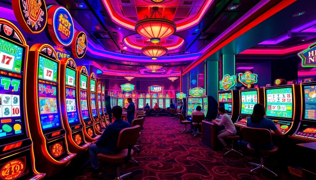 Experience the thrilling mahjong slot demo with vibrant machines and excited players in a luxury casino.