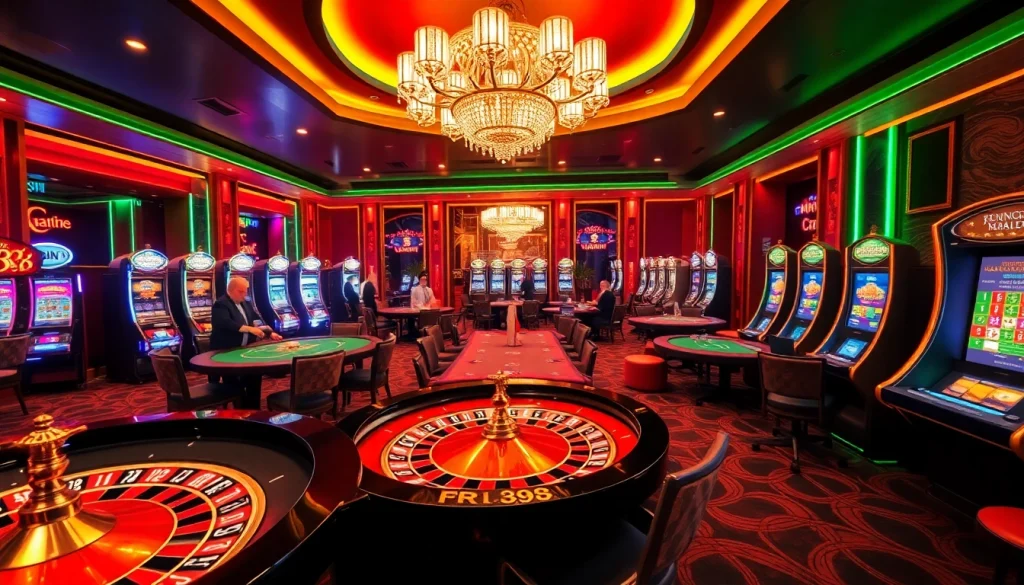 RR88 casino scene featuring poker tables and vibrant slot machines in a luxurious setting.
